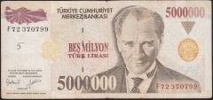 7.Emisyon 5 000 000 Lira F72 370799 Çok Temiz