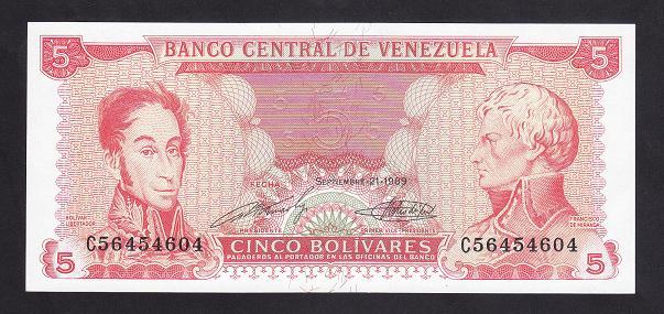 Venezuela 5 Bolivares 1989 Çil Pick70b