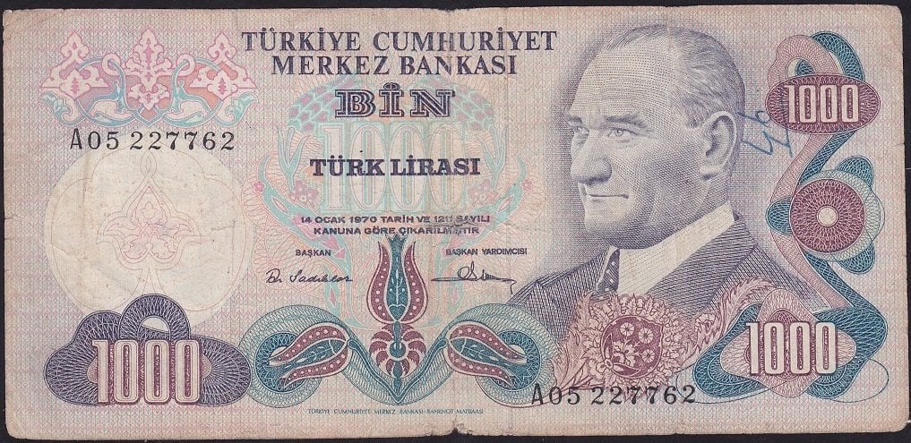 6.Emisyon 1.Tertip 1000 Lira A05 227762 Temiz