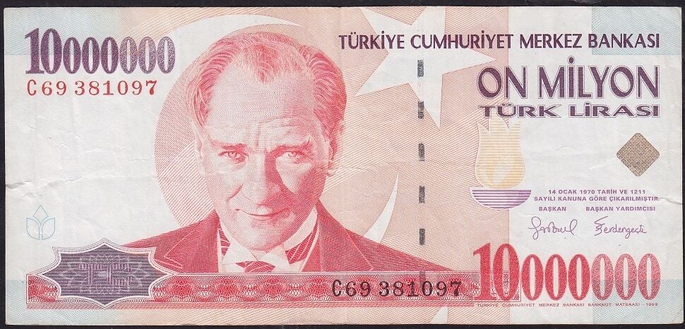 7.Emisyon 10 000 000 Lira C69 381097 Çok Temiz