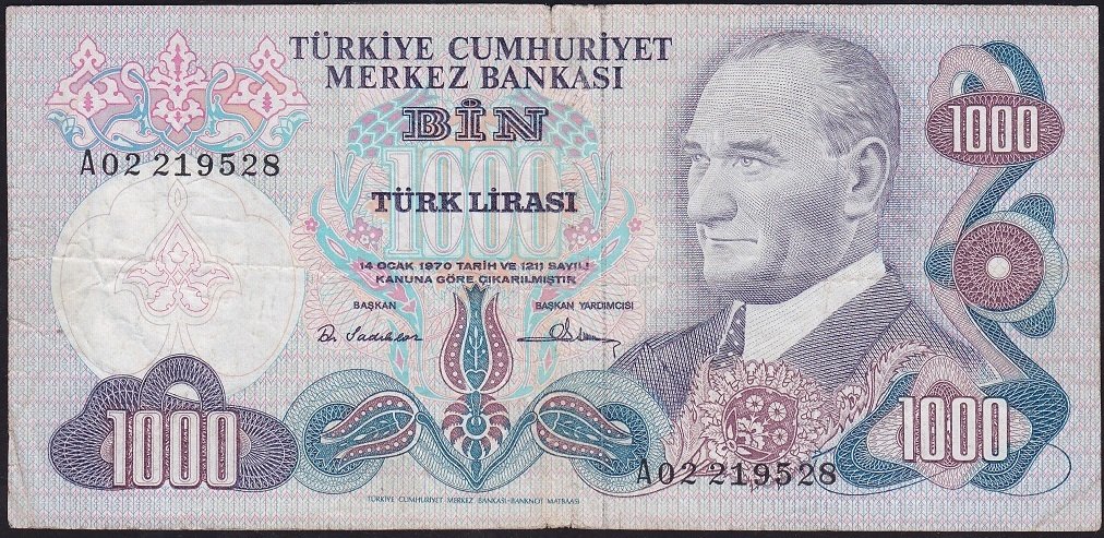 6.Emisyon 1.Tertip 1000 Lira A02 219528 Temiz+