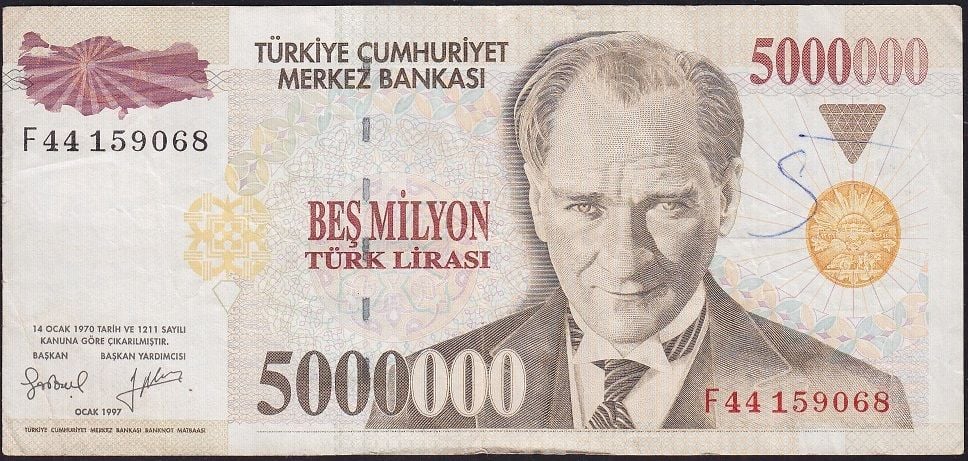 7.Emisyon 5 000 000 Lira F44 159068 Çok Temiz+