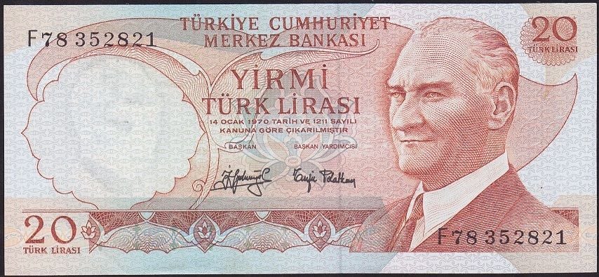 6.Emisyon 3.Tertip 20 Lira F78 352821 Ççt Çilaltı