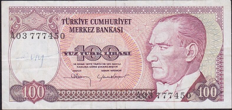 7.Emisyon 1.Tertip 100 Lira A03 777450 Çok Temiz