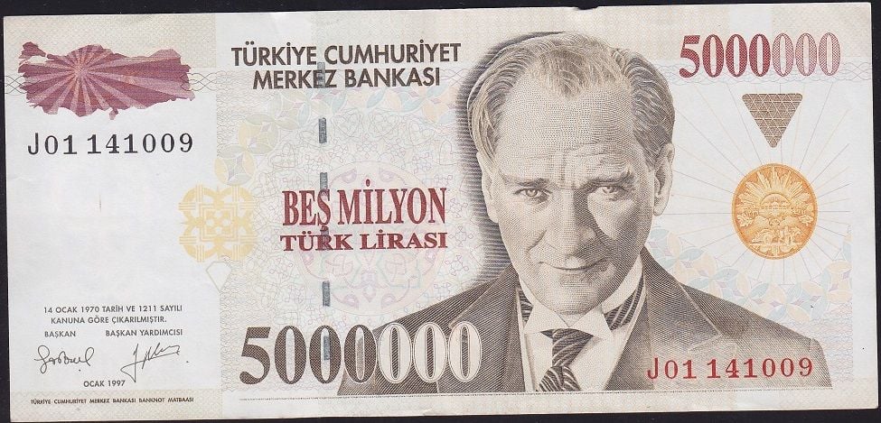 7.Emisyon 5 000 000 Lira J01 141009 Çok Çok Temiz