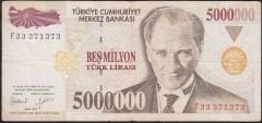 7.Emisyon 5 000 000 Lira F33 371373 Çok Temiz