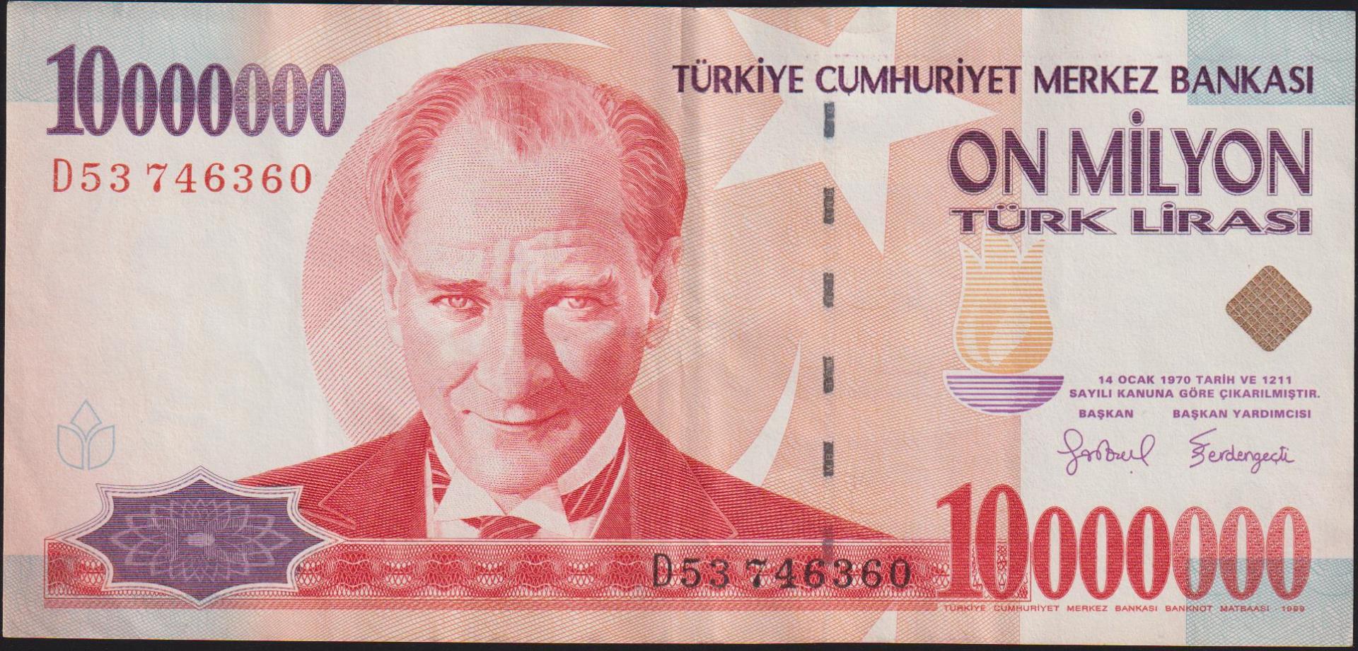 7.Emisyon 10 000 000 Lira D53 746360 Çok Temiz+