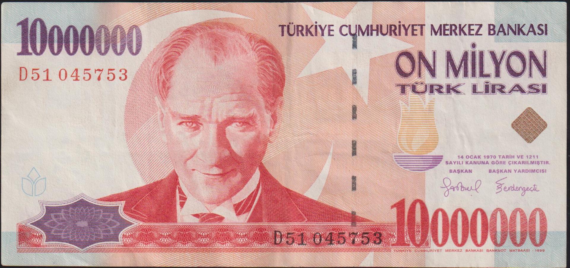 7.Emisyon 10 000 000 Lira D51 045753 Çok Temiz+