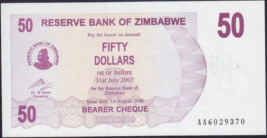 Zimbabwe 50 Dolar 2007 ÇİL AA Pick 41