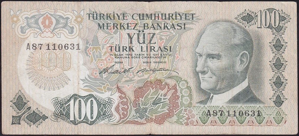 6.Emisyon 1.Tertip 100 Lira A87 110631 Çok Temiz