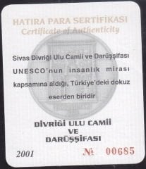 Hatıra Para Sertifikası - Divriği Ulu Camii Ve Darüşşifası 2001