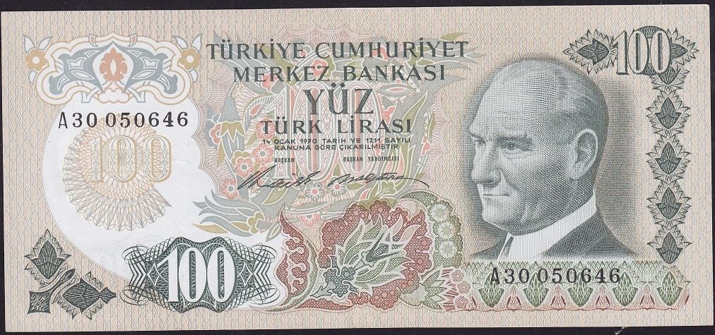 6.Emisyon 1.Tertip 100 Lira A30 050646 Çok Çok Temiz+