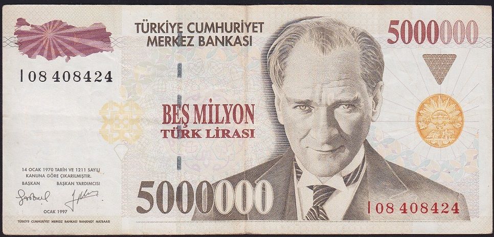 7.Emisyon 5 000 000 Lira I08 408424 Çok Temiz+