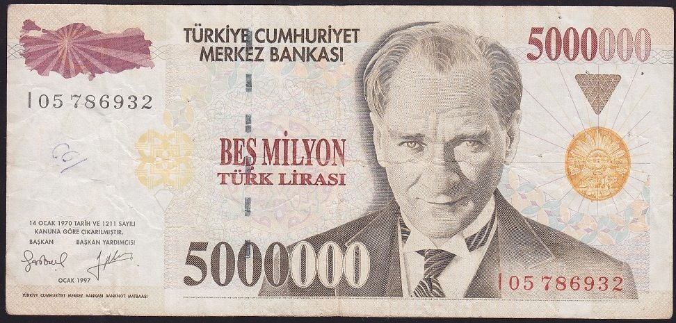 7.Emisyon 5 000 000 Lira I05 786932 Çok Temiz