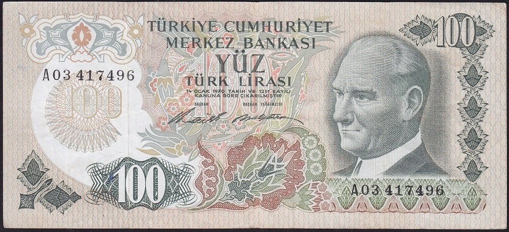 6.Emisyon 1.Tertip 100 Lira A03 417496 Çok Temiz+