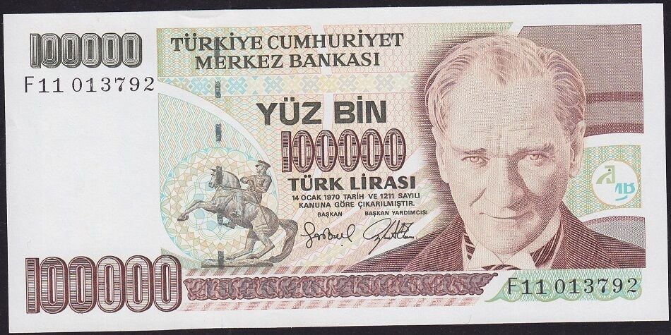 7.Emisyon 3.Tertip 100000 Lira F11 013792 Çilaltı