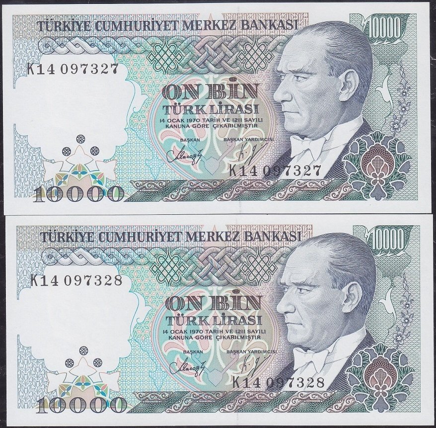 7.Emisyon 4.Tertip 10000 Lira K14 097327-28 Çil Seri Takipli