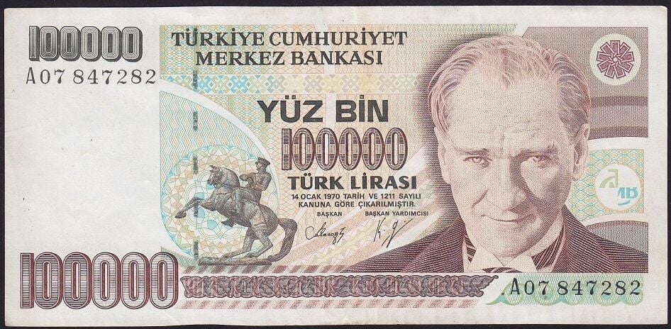 7.Emisyon 1.Tertip 100000 Lira A07 847282 Çok Çok Temiz