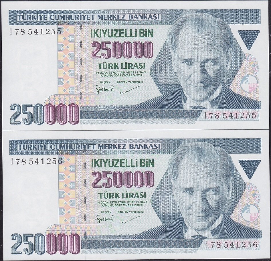 7.Emisyon 3.Tertip 250000 Lira I78 541255-56 Çilaltı Çil Seri Takipli