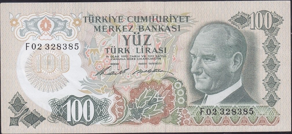 6.Emisyon 1.Tertip 100 Lira F02 328385 Çok Çok Temiz +