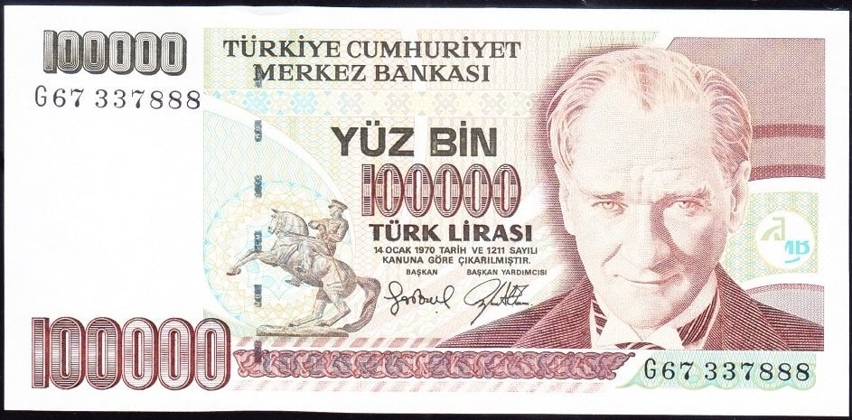 7.Emisyon 3.Tertip 100000 Lira G67 337888 Çil