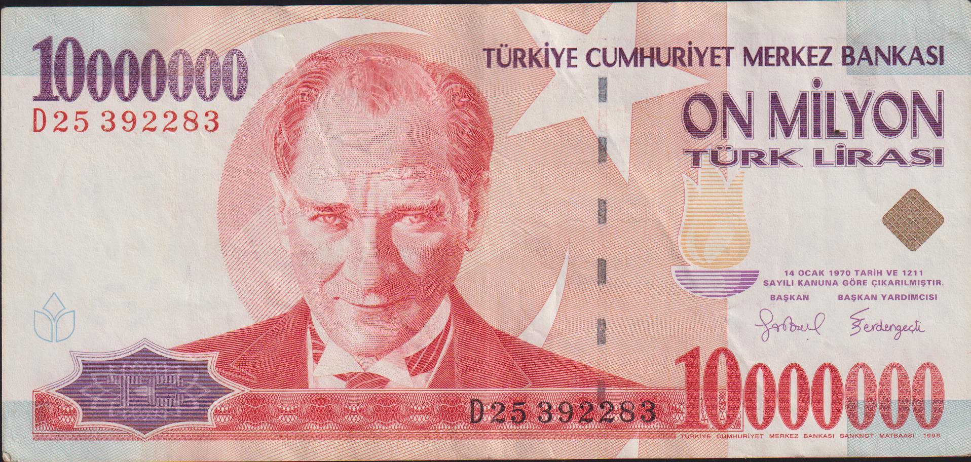 7.Emisyon 10 000 000 Lira D25 392283 Çok Temiz+