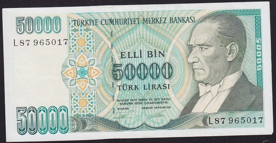 7.Emisyon 2.Tertip 50000 Lira L87 965017 Çok Temiz+