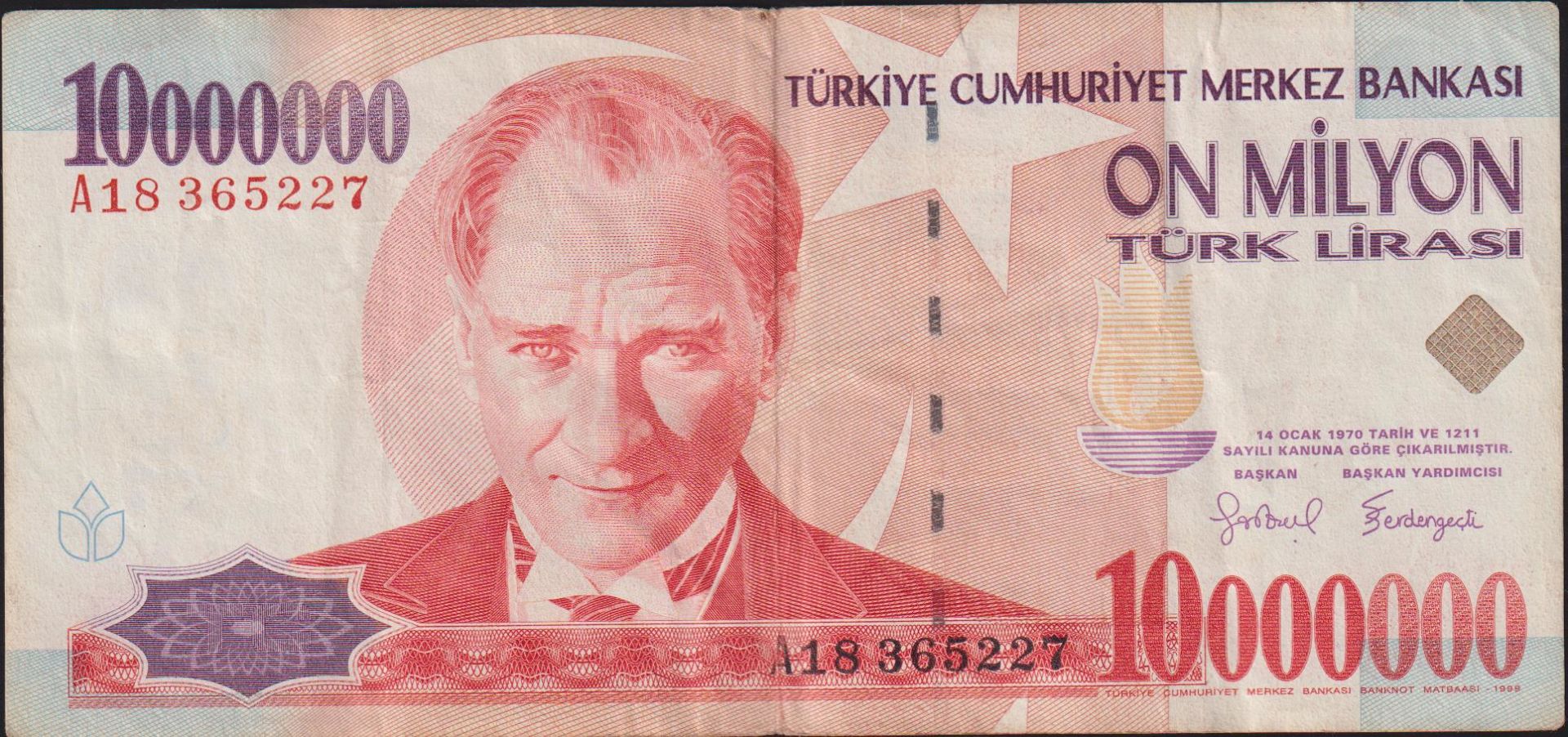 7.Emisyon 10 000 000 Lira A18 365227 Çok Temiz+