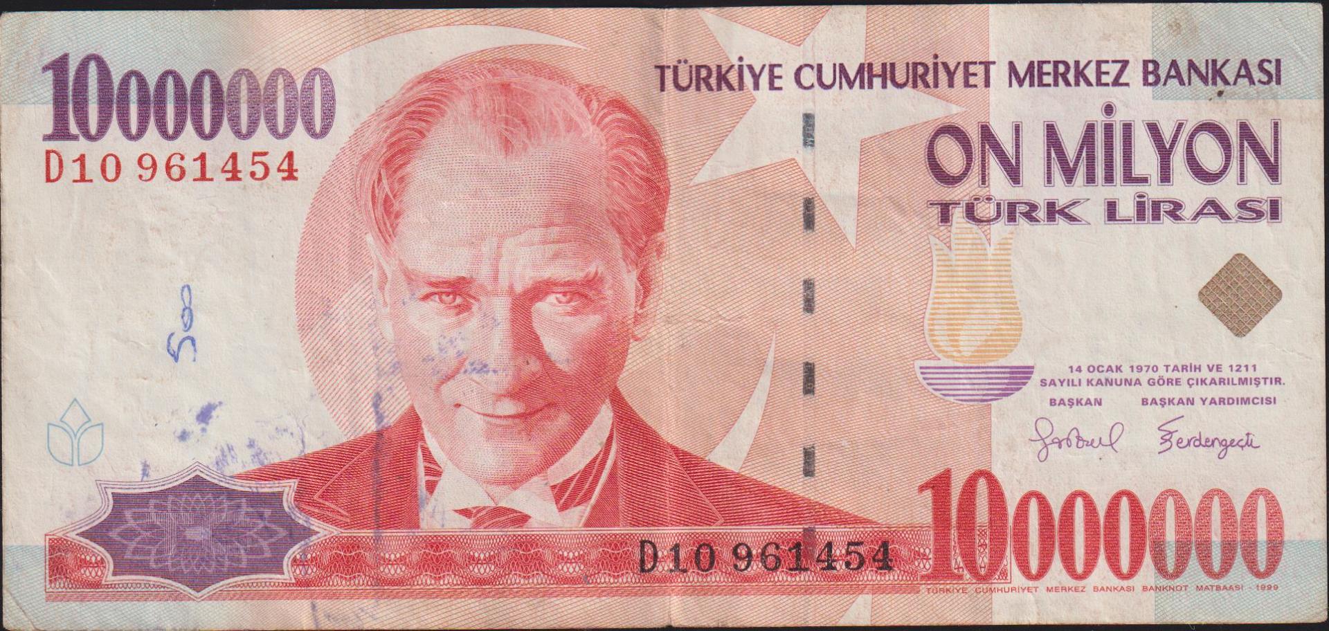 7.Emisyon 10 000 000 Lira D10 961454 Çok Temiz