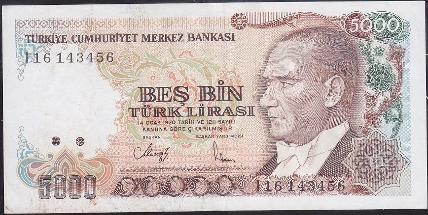 7.Emisyon 4.Tertip 5000 Lira I16 143456 Ççt Çilaltı