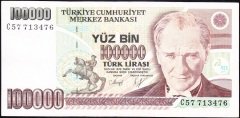 7.Emisyon 1.Tertip 100000 Lira C57 713476 C Serisinin son numarasıÇok Temiz +