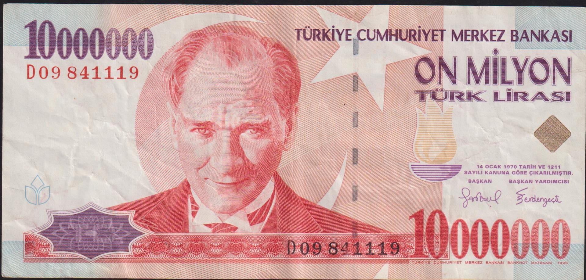 7.Emisyon 10 000 000 Lira D09 841119 Çok Temiz+