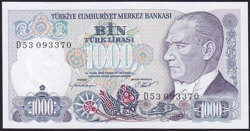 7.Emisyon 1.Tertip 1000 Lira D53 093370 Çil