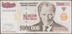 7.Emisyon 5 000 000 Lira J45 337440 Çok Temiz+