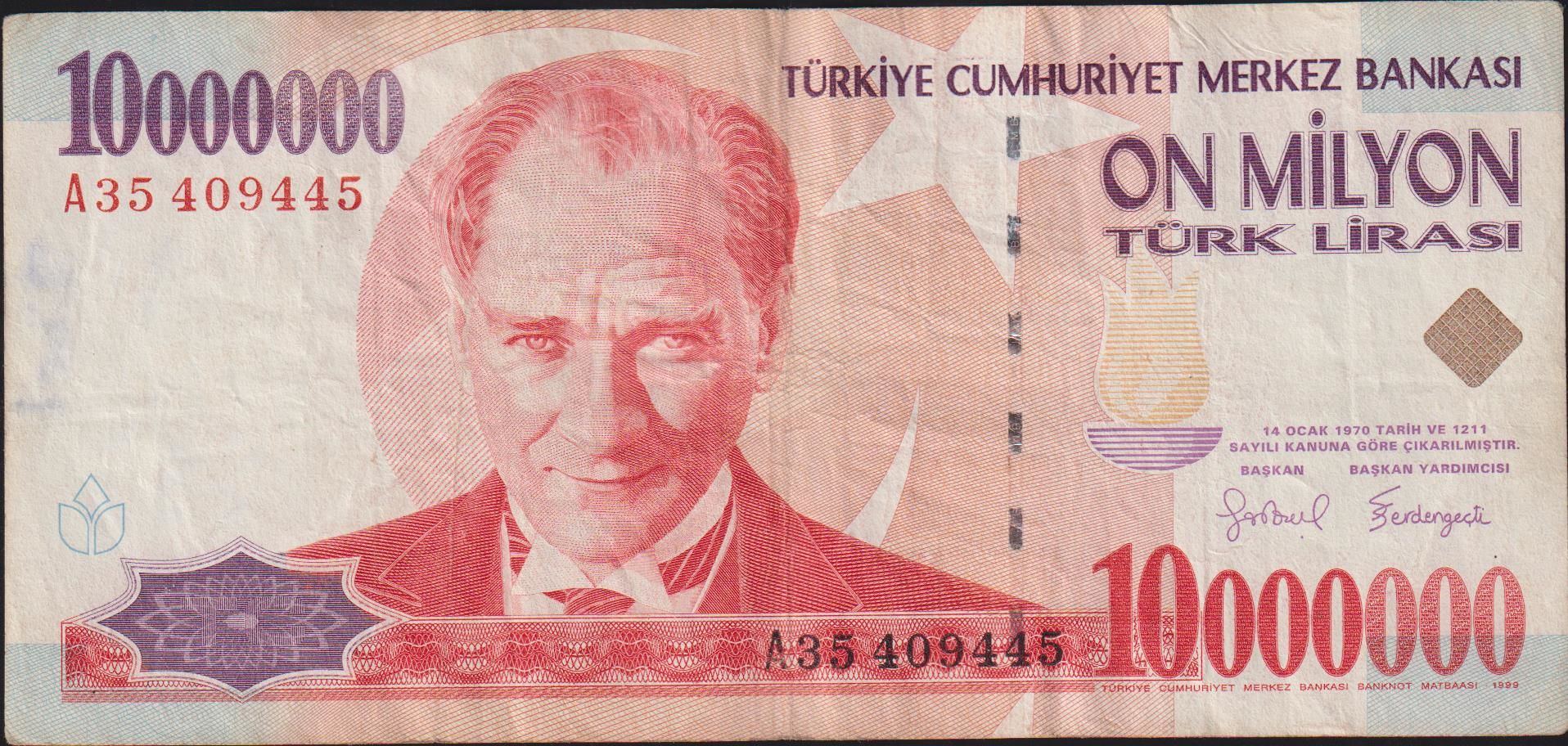 7.Emisyon 10 000 000 Lira A35 409445 Çok Temiz