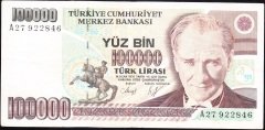 7.Emisyon 1.Tertip 100000 Lira A27 922846 Çok Temiz +