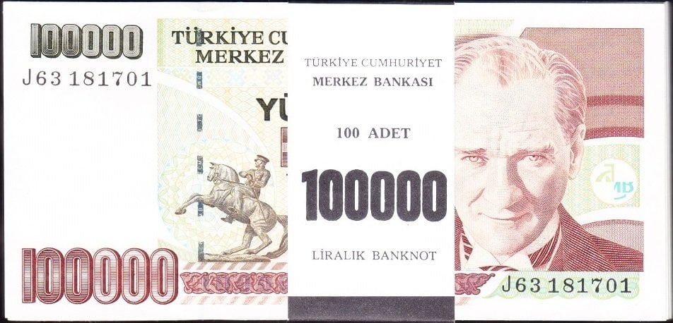 7.Emisyon 3.Tertip 100000 Lira J63 Harfi Deste ( 100 Adet ) Tam Sıralı Çil