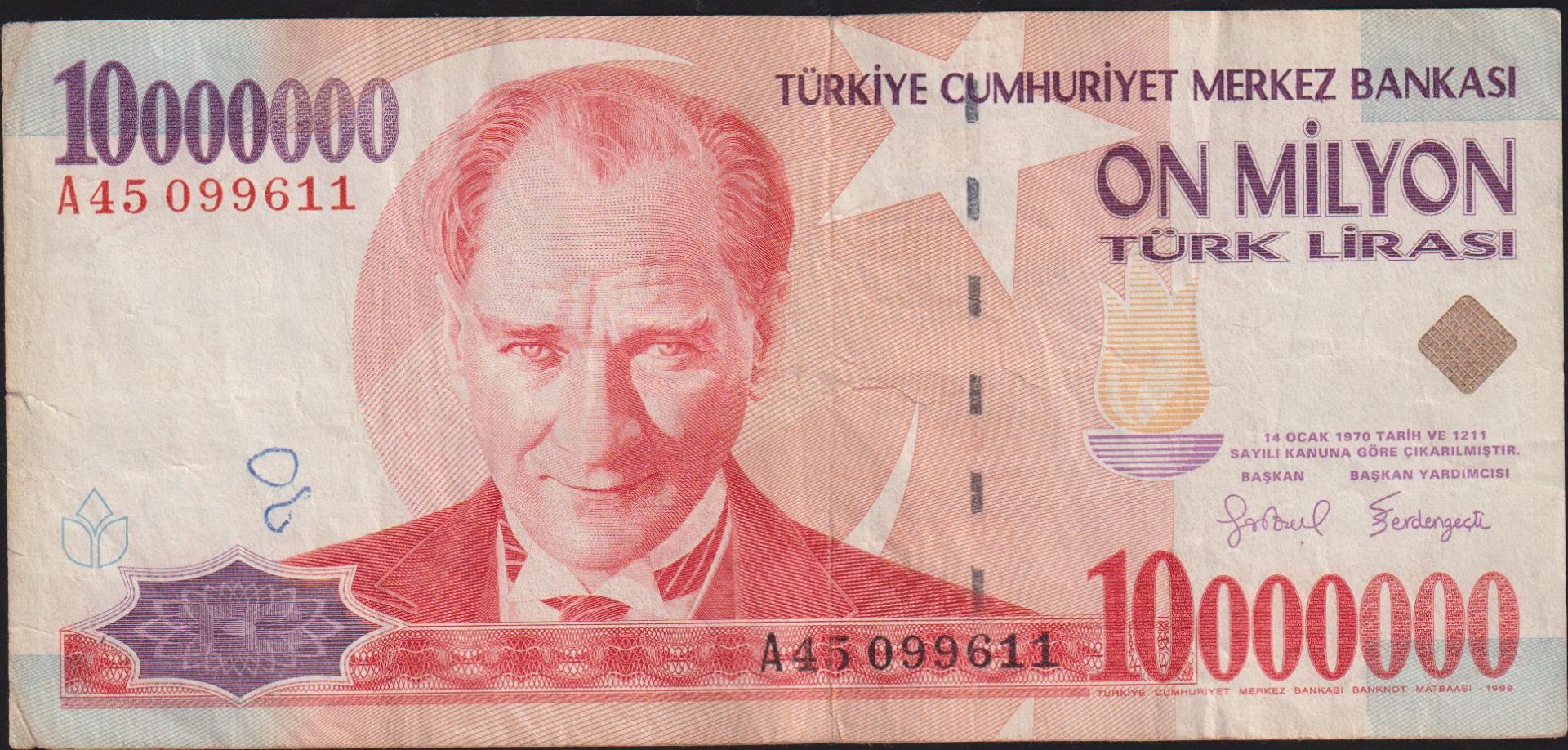 7.Emisyon 10 000 000 Lira A45 099611 Temiz