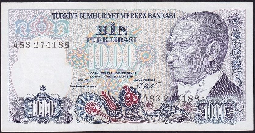 7.Emisyon 1.Tertip 1000 Lira A83 274188 Çok Çok Temiz