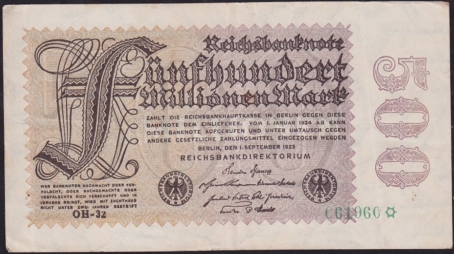 Almanya 500 Milyon Mark 1923  Çok Temiz+ 5 Rakam Yıldızlı Seri (R109c)