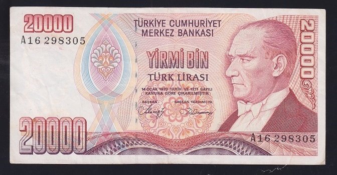 7.EMİSYON 1.TERTİP 20000 LİRA A16 298305 ÇOK ÇOK TEMİZ