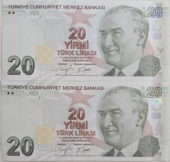 9.Emisyon 6.Tertip 20 Lira G001 210297 - 210298 Seri Takipli Çil