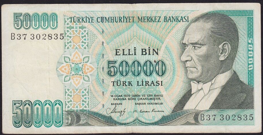 7.Emisyon 1.Tertip 50000 Lira B37 302835 Çok Temiz