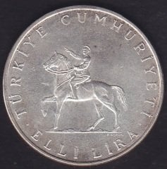 1972 Yılı 50 Lira Türkiye Cumhuriyeti 30 Ağustos Zaferinin 50.Yılı Gümüş ( 20 Gram )