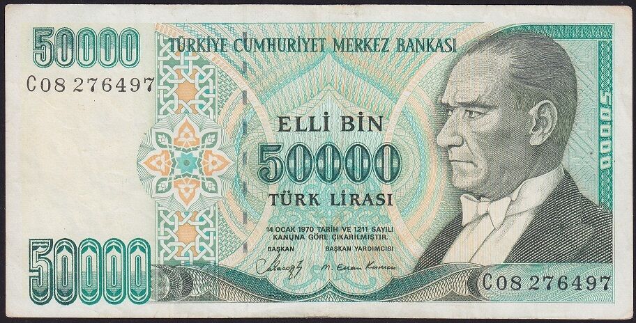 7.Emisyon 1.Tertip 50000 Lira C08 276497 Çok Temiz+