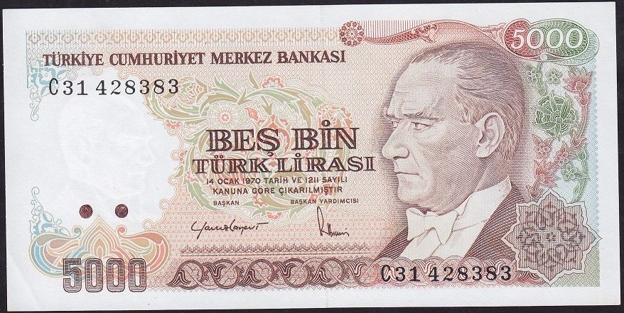 7.Emisyon 2.Tertip 5000 Lira C31 428383 Çilaltı Çil ( Kulakta Kat var )