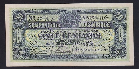 MOZAMBİK 20 CENTAVOS 1933 İPTAL DELİKLİ ÇİLALTI ÇİL