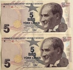 9.Emisyon 6.Tertip 5 Lira F168 618799-800 Seri Takipli Çil