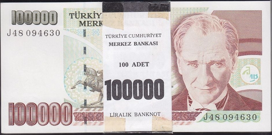 7.Emisyon 3.Tertip 100000 Lira J48 Deste (100 Adet) Çil ( 7 Adet Atlama Var )