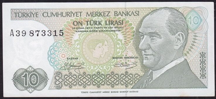 7.Emisyon 1.Tertip 10 Lira A39 873315 Ççt Çilaltı ( Uzun Kaş )